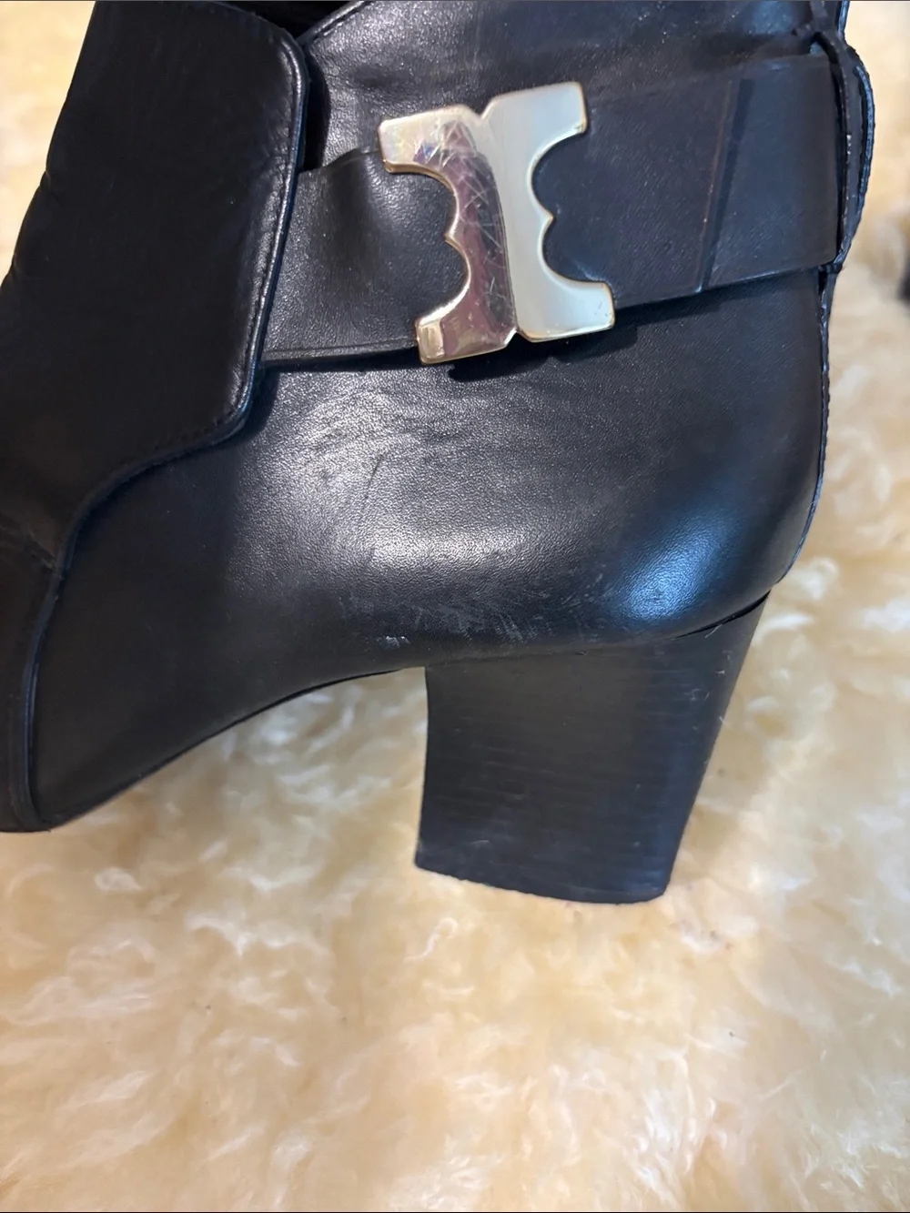 Tory Burch Black Leather Ankle Boots with Gold Logo Accent